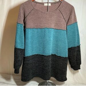 Chic Colorblock Crew Neck Sweater - Teal, Brown, and Black
